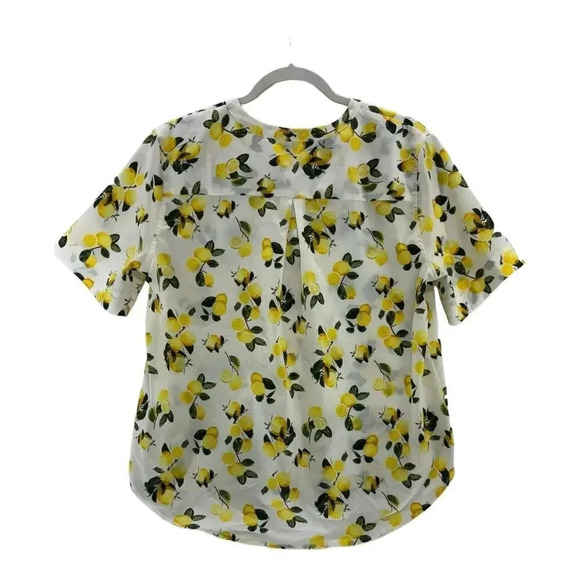 Dalia Womens M White Yellow Hi Low Lemons Popover Top Blouse Roll Tab Sleeve - Picture 6 of 7